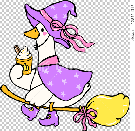 Cute Halloween Silly Goose doodle spooky witch on broom hand drawn Cute Halloween Silly Goose doodle spooky witch on broom hand drawn 128534518