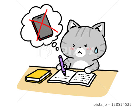 スマホの誘惑に耐えて勉強する猫ちゃん スマホの誘惑に耐えて勉強する猫ちゃん 128534523