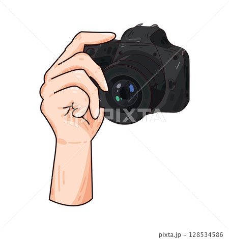 illustration of hand holding camera illustration of hand holding camera 128534586