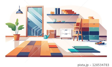 Hardwood flooring offers classic elegance and durability but demands regular maintenance and can be costly. 128534783