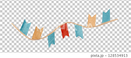 Bunting hanging garland Flag. Watercolor illustration of triangular garland of muted colors. Drawing of pennants for Baby shower party greeting cards, wedding background and kids party 128534913