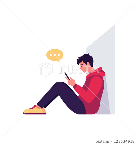 Boy Leaning on a Wall Watching Someone Typing Back 128534919