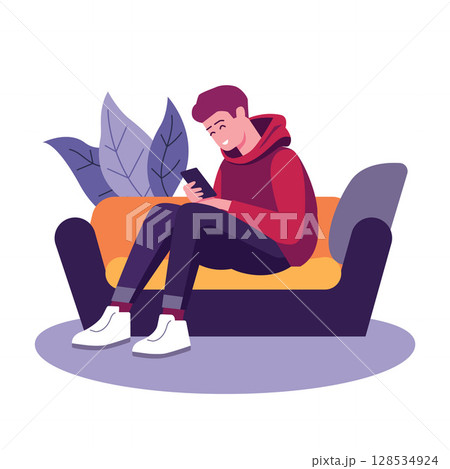 Boy Sitting on the Sofa Relaxed Focus on Phone Boy Sitting on the Sofa Relaxed Focus on Phone 128534924