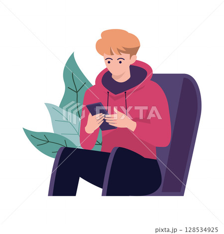 Boy Sitting on the Sofa Relaxed Focus on Phone Boy Sitting on the Sofa Relaxed Focus on Phone 128534925