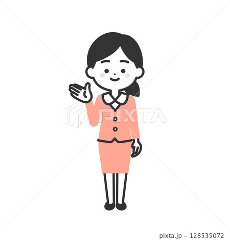 手で示すスーツ姿の3頭身女性イラスト 手で示すスーツ姿の3頭身女性イラスト 128535072