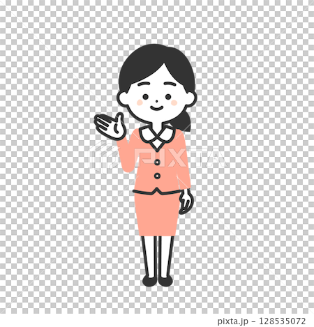 手で示すスーツ姿の3頭身女性イラスト 手で示すスーツ姿の3頭身女性イラスト 128535072