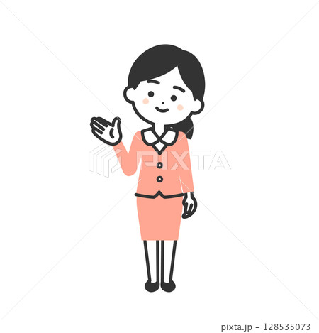 手で示すスーツ姿の3頭身女性イラスト 手で示すスーツ姿の3頭身女性イラスト 128535073
