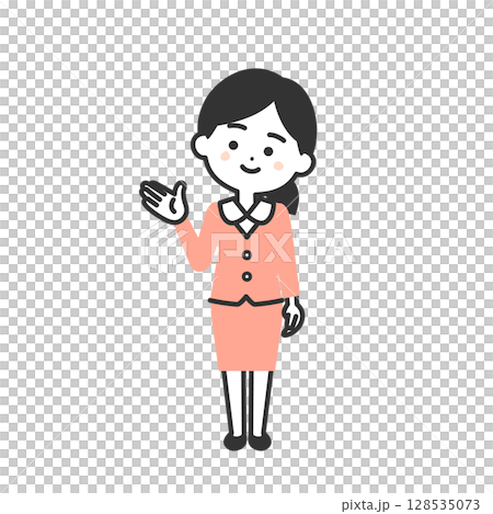 手で示すスーツ姿の3頭身女性イラスト 手で示すスーツ姿の3頭身女性イラスト 128535073