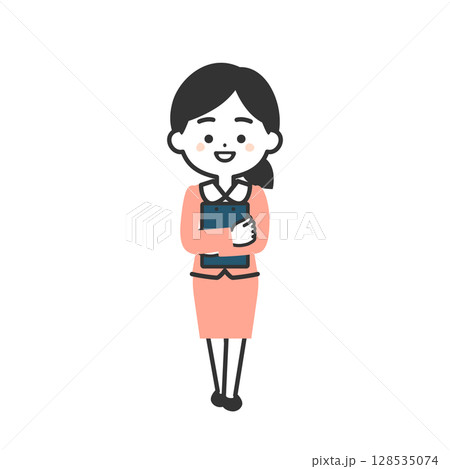 資料を抱えるスーツ姿の3頭身女性イラスト 資料を抱えるスーツ姿の3頭身女性イラスト 128535074