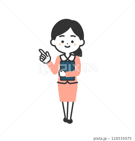 指をさすスーツ姿の3頭身女性イラスト 指をさすスーツ姿の3頭身女性イラスト 128535075