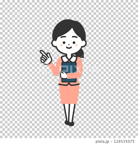 指をさすスーツ姿の3頭身女性イラスト 指をさすスーツ姿の3頭身女性イラスト 128535075