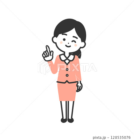 指を指してウインクするスーツ姿の3頭身女性イラスト 指を指してウインクするスーツ姿の3頭身女性イラスト 128535076