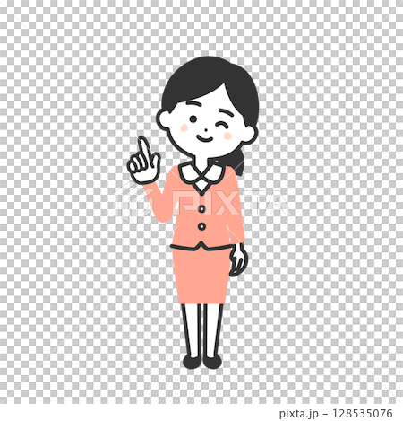 指を指してウインクするスーツ姿の3頭身女性イラスト 指を指してウインクするスーツ姿の3頭身女性イラスト 128535076