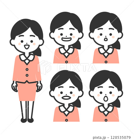 スーツ姿の3頭身女性あいうえおの口の形イラスト スーツ姿の3頭身女性あいうえおの口の形イラスト 128535079