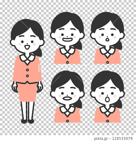 Illustration of a three-headed woman in a suit with the mouth shaped like the Japanese alphabet 128535079