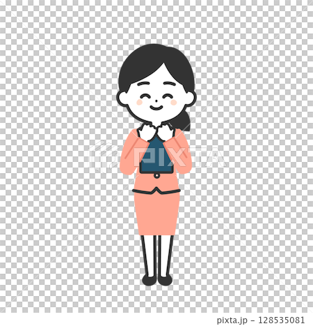 Illustration of a three-dimensional woman in a suit smiling while holding documents Illustration of a three-dimensional woman in a suit smiling while holding documents 128535081