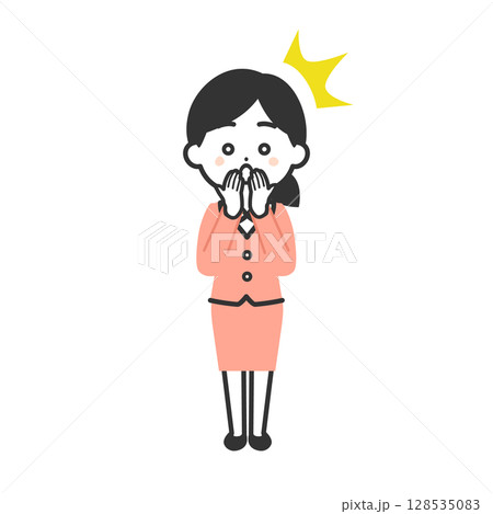 口を押えて驚くスーツ姿の3頭身女性イラスト 128535083