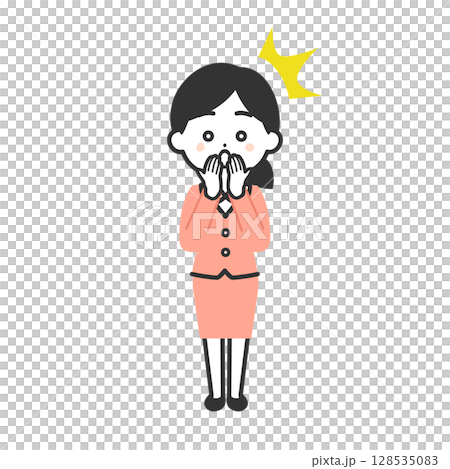 口を押えて驚くスーツ姿の3頭身女性イラスト 128535083