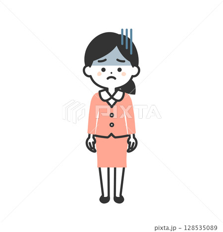 暗い表情のスーツ姿の3頭身女性イラスト 128535089