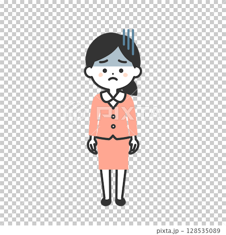 暗い表情のスーツ姿の3頭身女性イラスト 128535089