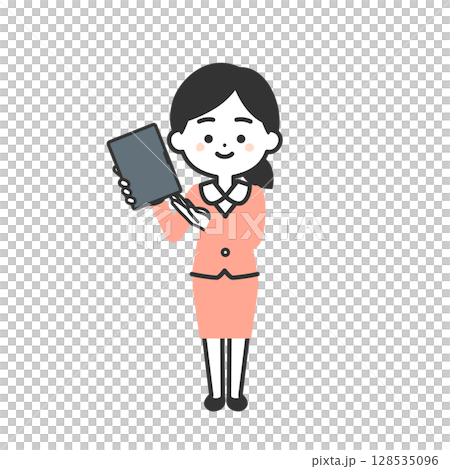 Illustration of a woman in a suit pointing at a tablet device 128535096