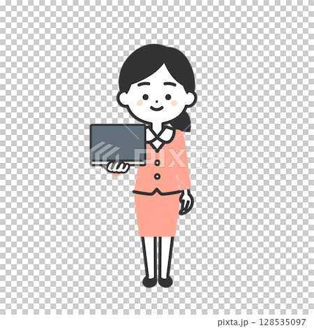 一位身穿西裝、手持筆記型電腦的立體女性插圖 128535097