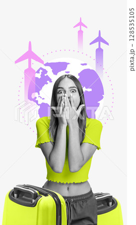 Collage of shocked female traveler with neon suitcases and flying airplanes 128535105