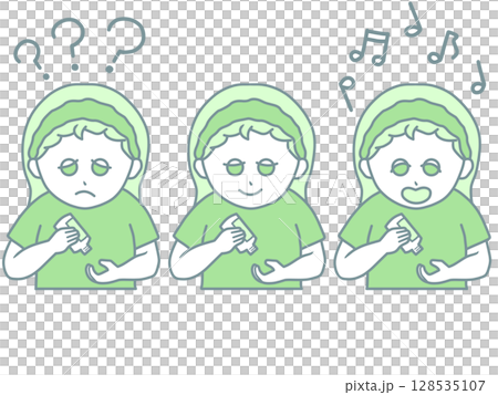 一位女士進行皮膚護理的插圖 - 3 種面部表情：擔心、微笑和興奮 - 綠色 128535107