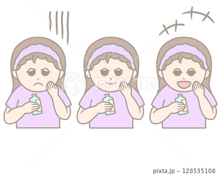 肌の状態を確認する女性のイラスト　悩み・笑顔・うきうき表情3パターンセット　カラー 128535108