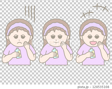 一位女士檢查皮膚狀況的插圖 - 3 種面部表情：擔心、微笑和興奮 - 彩色 128535108