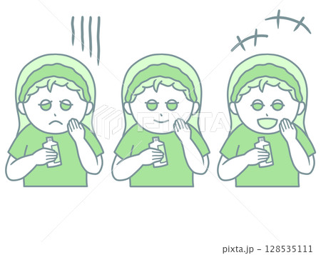 肌の状態を確認する女性のイラスト 悩み・笑顔・うきうき表情3パターンセット 緑 肌の状態を確認する女性のイラスト 悩み・笑顔・うきうき表情3パターンセット 緑 128535111