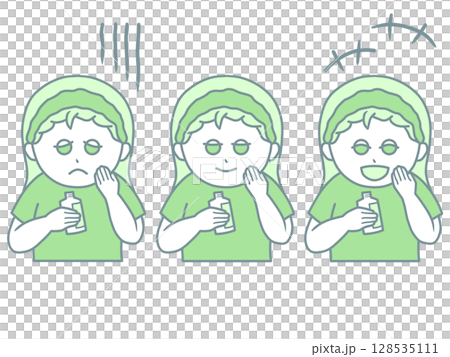 一位女士檢查皮膚狀況的插圖 - 3 種面部表情:擔心、微笑和興奮 - 綠色 一位女士檢查皮膚狀況的插圖 - 3 種面部表情:擔心、微笑和興奮 - 綠色 128535111