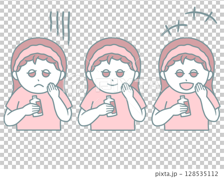 一位女士檢查皮膚狀況的插圖 - 3 種面部表情：擔心、微笑和興奮 - 粉紅色 128535112