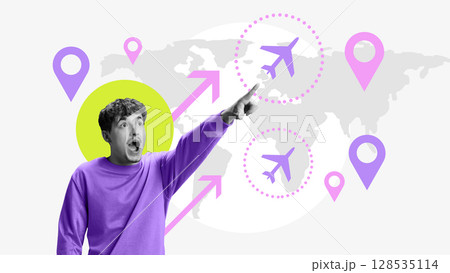 Pop-art style collage of surprised man pointing at travel destinations with map arrows 128535114