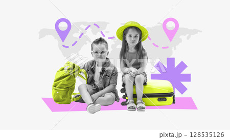 Artwork with kids and suitcase on world map background in neon travel theme Artwork with kids and suitcase on world map background in neon travel theme 128535126