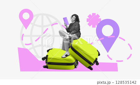 Digital pop-art collage of curly girl using tablet while sitting on bright suitcases Digital pop-art collage of curly girl using tablet while sitting on bright suitcases 128535142