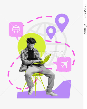 Stylized collage of smiling male traveler using laptop with bright location icons 128535170