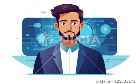 His expression is serious and focused, suggesting the importance of the communication. 128535178