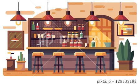 The bar's warm lighting and cozy atmosphere create a relaxed and inviting setting. 128535198