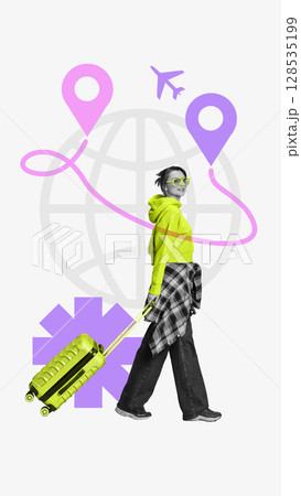 Digital collage of confident young woman with suitcase heading to destination 128535199