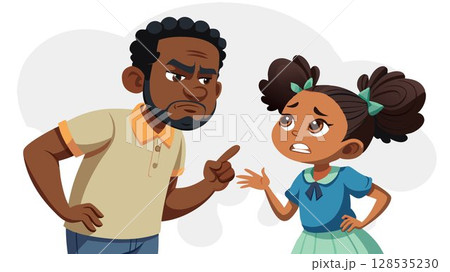 The child's defiant posture and averted gaze highlight the intensity of the moment. 128535230