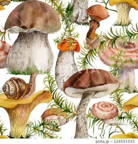 Golden chanterelle girolle, russula webcap birch bolete suillus slippery jack mushrooms, horsetail plant stalks. Fungi nature seamless pattern tile hand drawn in watercolor. Wild food market packaging 128535333