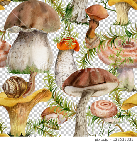 Golden chanterelle girolle, russula webcap birch bolete suillus slippery jack mushrooms, horsetail plant stalks. Fungi nature seamless pattern tile hand drawn in watercolor. Wild food market packaging 128535333