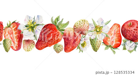 Strawberry ripe garden berries, flowers in water dew drops hand drawn in watercolor. Seamless isolated banner garland. Home preserves, textile washi tape, food store decor, recipe book, dessert menu 128535334