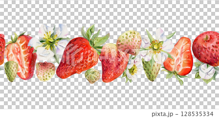 Strawberry ripe garden berries, flowers in water dew drops hand drawn in watercolor. Seamless isolated banner garland. Home preserves, textile washi tape, food store decor, recipe book, dessert menu 128535334