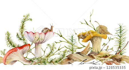 Golden chanterelle girolle, russula cortinarius webcap mushroom on top of fallen autumn leaves pile with twigs, branches. Fungi nature seamless banner hand drawn in watercolor. Linens kitchen stencils Golden chanterelle girolle, russula cortinarius webcap mushroom on top of fallen autumn leaves pile with twigs, branches. Fungi nature seamless banner hand drawn in watercolor. Linens kitchen stencils 128535335