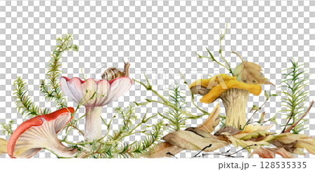 Golden chanterelle girolle, russula cortinarius webcap mushroom on top of fallen autumn leaves pile with twigs, branches. Fungi nature seamless banner hand drawn in watercolor. Linens kitchen stencils Golden chanterelle girolle, russula cortinarius webcap mushroom on top of fallen autumn leaves pile with twigs, branches. Fungi nature seamless banner hand drawn in watercolor. Linens kitchen stencils 128535335