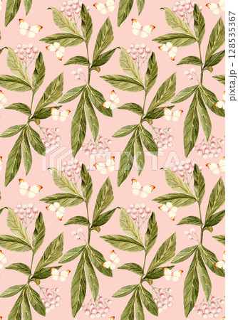 Green leaves, pink berries, butterflies watercolor seamless pattern on pastel pink. Hand-painted perfect for wedding design, romantic packaging, home decor, stationery, and digital creative projects 128535367