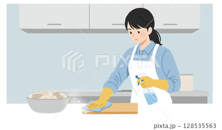 衛生管理を徹底！プロが厨房を丁寧に掃除する姿 128535563