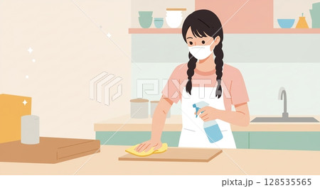 食の安全はここから！まな板を徹底的に清掃する手元 128535565